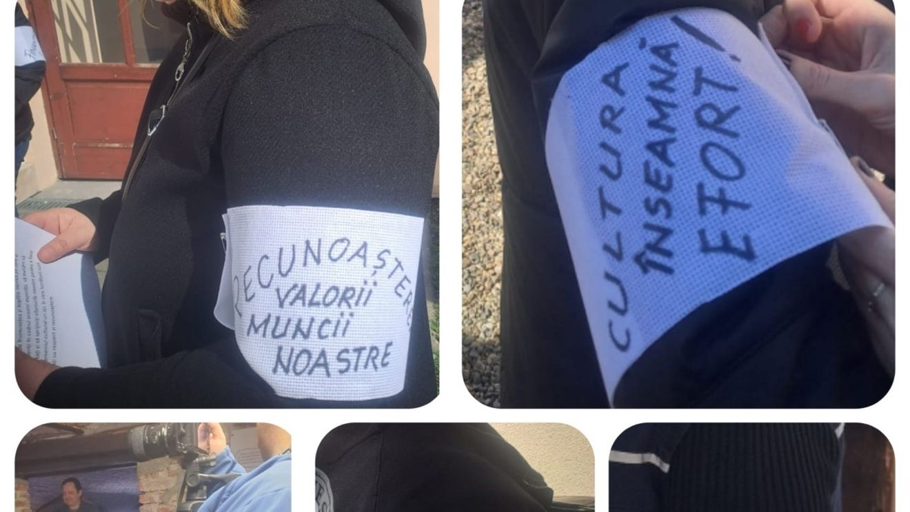 Angajaţi ai Muzeului Judeţean de Istorie şi Artă din Zalău au protestat purtând banderole albe, la vernisajului expoziţiei „Graffiti de altădată”