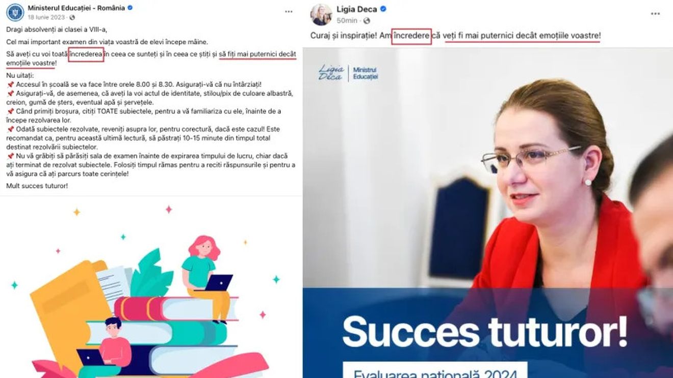Mesaj scurt, copiat de anul trecut, transmis de ministra Educației, Ligia Deca, elevilor de clasa a VIII-a care încep marți Evaluarea Națională 2024