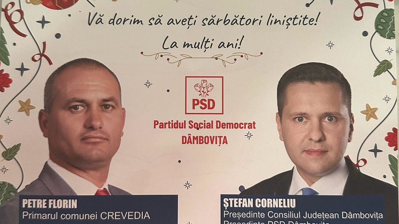 Petre Florin, primarul din Crevedia care fusese exclus din PSD după exploziile mortale, a trimis localnicilor felicitări de Crăciun în care apare sub sigla PSD
