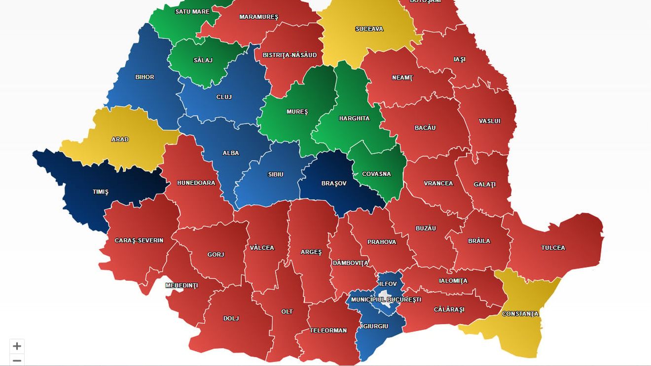 HARTA politică a României după alegerile parlamentare la care trei partide extremiste au împreună 32% din voturi: PSD câștigă în peste jumătate din județele țării, urmat de PNL și UDMR / AUR, câștigător în Constanța, Suceava și Arad, USR în Capitală, Timiș și Brașov