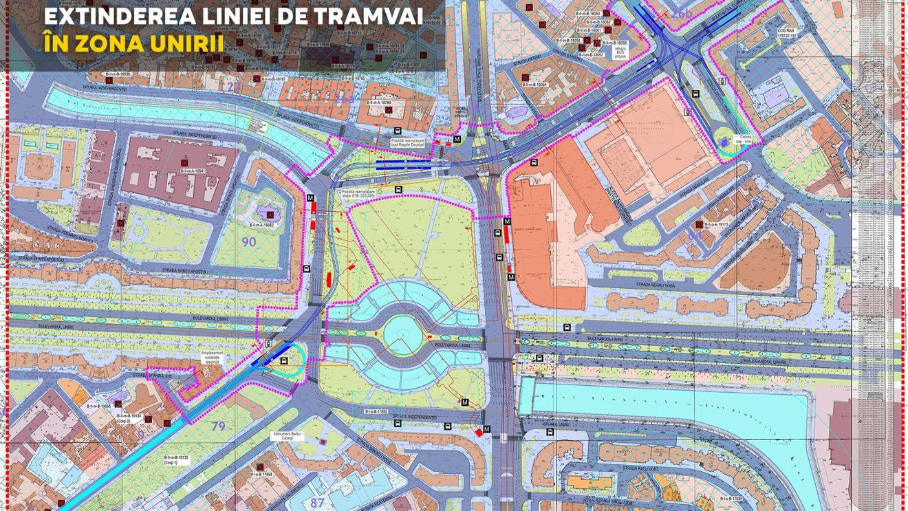 PUZ pentru extinderea infrastructurii de tramvai prin Piața Unirii, pus în dezbatere publică / Prelungire cu aproximativ 0,9 km a liniei 32 (Dealul Mitropoliei) și conectare cu linia 21 (Strada Sfânta Vineri) / În Piața Unirii au loc lucrări la planșeu
