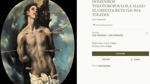 Capodopera  „Sfântul Sebastian”, pictată de El Greco, dispărută din colecţia naţională, va rămâne la casa de licitaţii Christie’s din New York până când solicitările României de recuperare vor fi soluţionate de instanţele competente, anunţă Ministerul Finanţelor