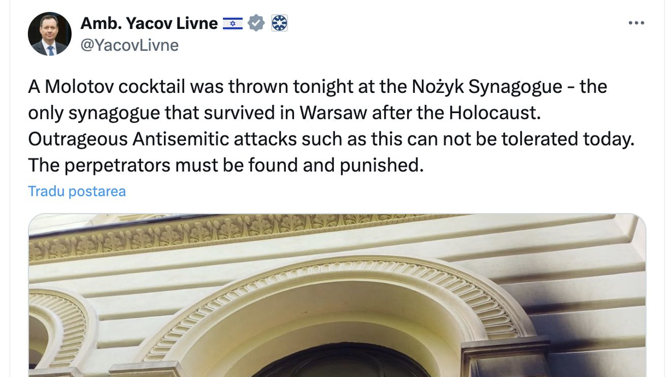 Consternare în Polonia după ce un cocktail Molotov a fost aruncat asupra unei sinagogi din Varșovia