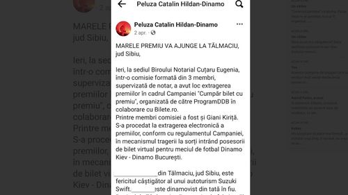 Un sibian a fost premiat doar pe Facebook, de ”Doar Dinamo București”. Suporterul câștigase în luna aprilie o mașină, dar nu a primit-o niciodată