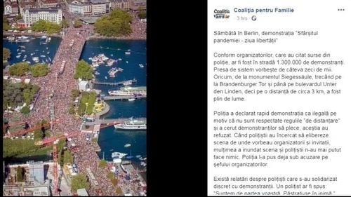 Cum umflă Coaliția pentru Familie numărul participanților la protestul din Berlin: a folosit o fotografie cu un milion de oameni din Zurich 2019. Ulterior, a șters postarea și a postat un mesaj de rectificare