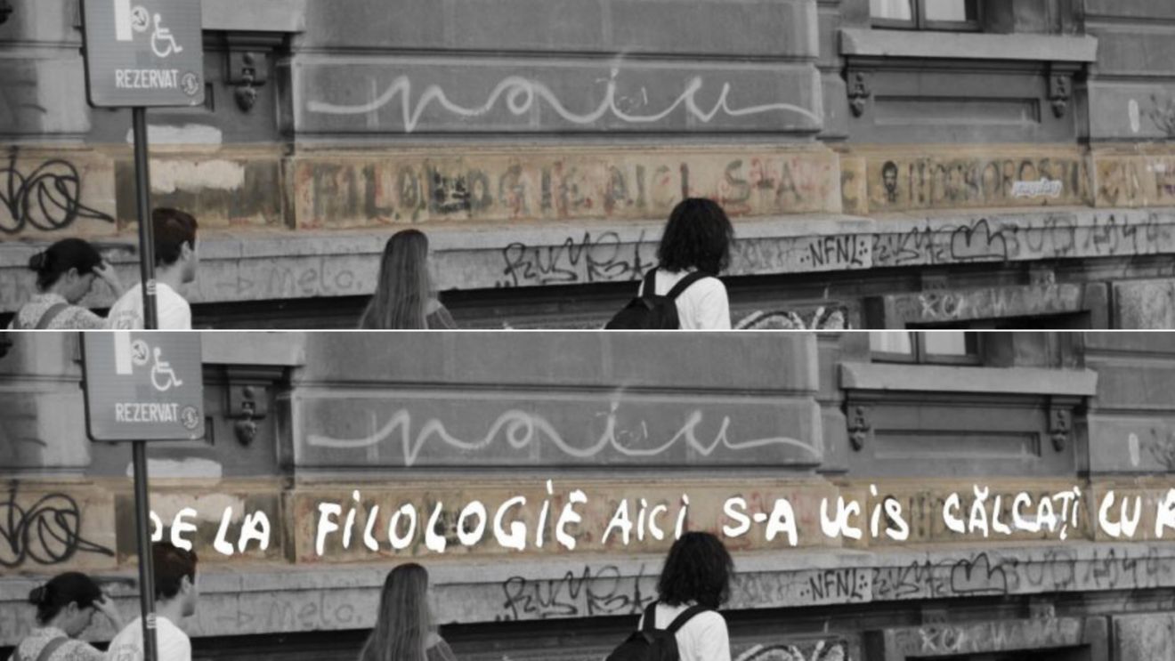 FOTO Pe zidurile Universității din București se află sub straturile noi de vopsea peste 50 de mărturii scrise sub tirul gloanțelor de la Revoluția din 89 / Societatea civilă și OAR cer rectorului Marian Preda acces la planurile de conservare a clădirii