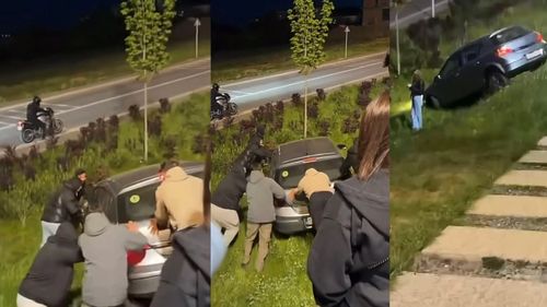 VIDEO În lipsa unei plaje, sibienii intră cu mașinile în parcuri / Un șofer începător, blocat cu mașina într-o denivelare în cel mai nou parc al orașului / Poliția Locală încă îl caută