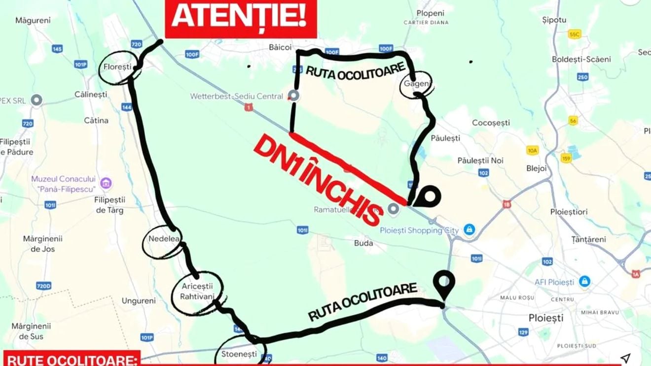 Se închide circulația pe DN1, în apropiere de Ploiești. Traficul va fi deviat în funcție de tonajul vehiculelor