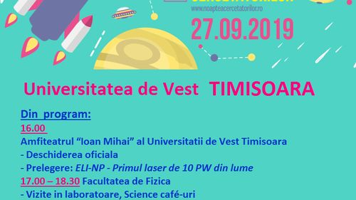 Noaptea cercetătorilor în Timișoara 2019: programul pregătit de oamenii de știință pentru publicul larg și evenimentele de vineri, 27 septembrie