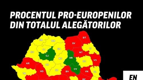 Harta voturilor pro-europene versus pro-izolaționiste, la nivelul țării/ La poli opuși, județele Harghita și Gorj