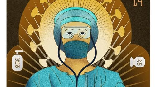 Campanie publicitară cu "sfinți" care au chipuri de medici și aureole care fac trimitere la COVID 19. Patriarhia o cataloghează drept ”blasfemie”