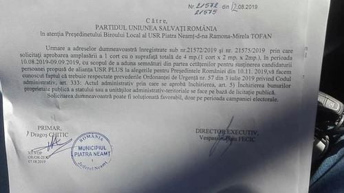 USR îl acuză pe primarul din Piatra Neamț că le cere să organizeze licitație pentru amplasarea unui cort de strâns semnături pentru Dan Barna
