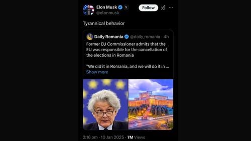 SpotMedia: Elon Musk preia un fake news grosolan despre alegerile din România / A scris ”tyrannical behavior” la informația falsă că fostul comisar european Thierry Breton ar fi recunoscut că UE a anulat alegerile din România