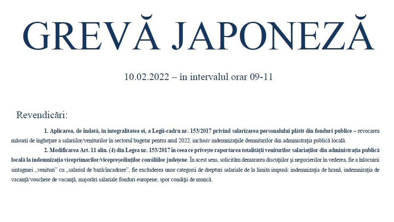 Sindicatele din administraţie se vor afla în grevă japoneză, joi. Angajaţii din sistem cer, printre altele, revocarea măsurii de îngheţare a salariilor ȋn sectorul bugetar
