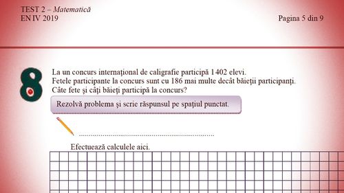 Rezultate Evaluarea Națională clasa a IV-a la Matematică, 2019. Aproape jumătate dintre elevi nu au știut să rezolve problema 8, cu o scădere și o împărțire