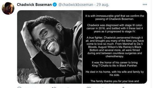 Tweet-ul care a anunţat decesul actorului Chadwick Boseman, cel mai distribuit mesaj pe platformă anul acesta