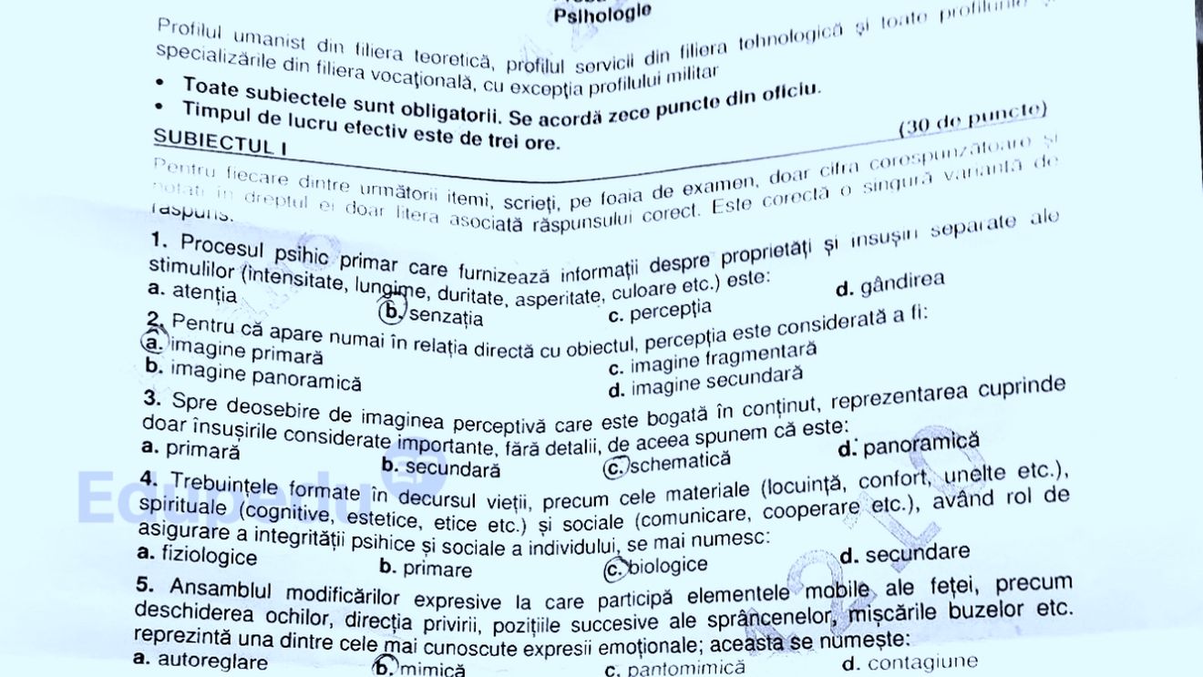 BAC 2025 - Subiecte Psihologie